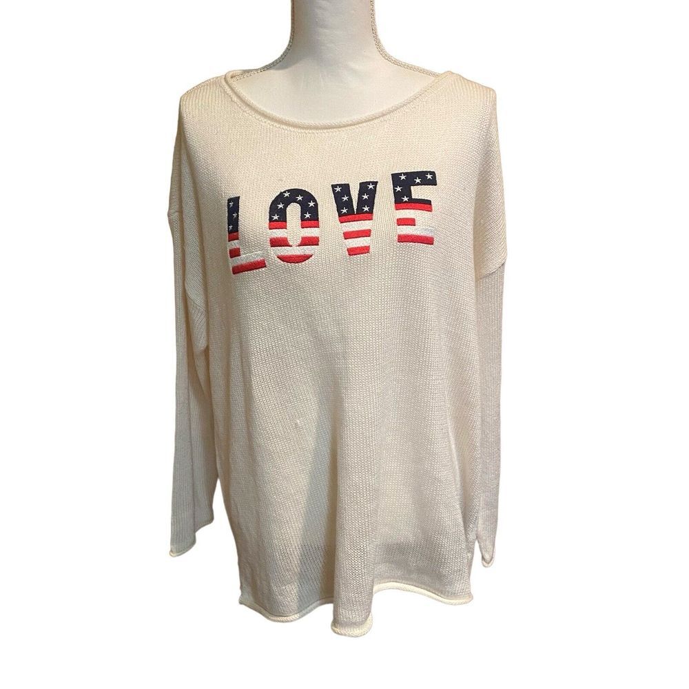 Marled Reunited Clothing Size 1X Cream LOVE Appliqued Pullover Patriotic Sweater